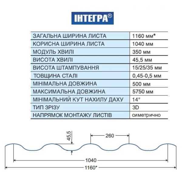 Металочерепиця Інтегра Україна 0,45мм антрацит 7016 мат розмір під замовлення