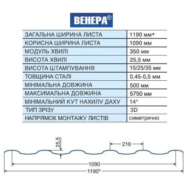 Металочерепиця Венера Arvedi ІталІя 0,45мм чорний 9005 мат розмір під замовлення