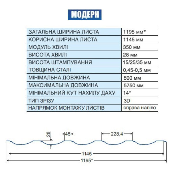 Металочерепиця Модерн В'єтнам 0,45мм коричневий 8017 мат розмір під замовлення
