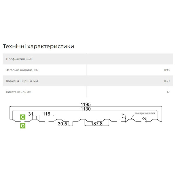Профнастил С-20 Корея 0,45мм темно-зелений 6005 глянець розмір під замовлення