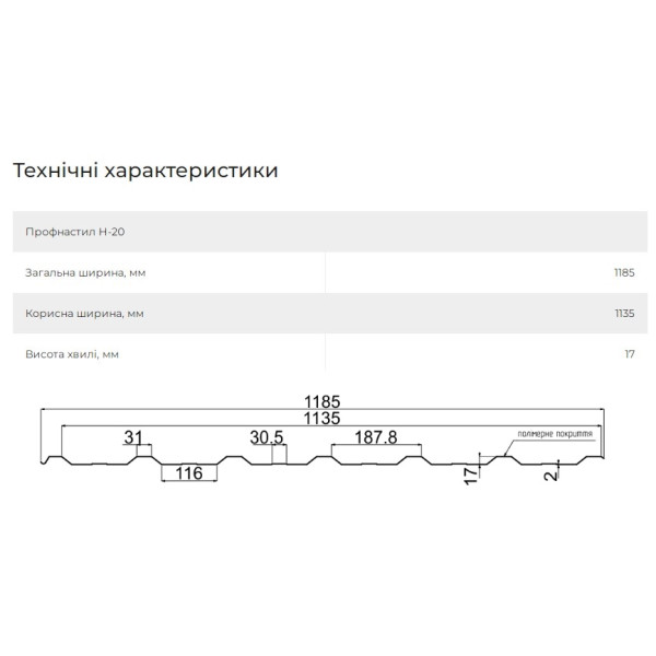 Профнастил покрівельний Н-20 Корея 0,45мм синій 5005 глянець розмір під замовлення