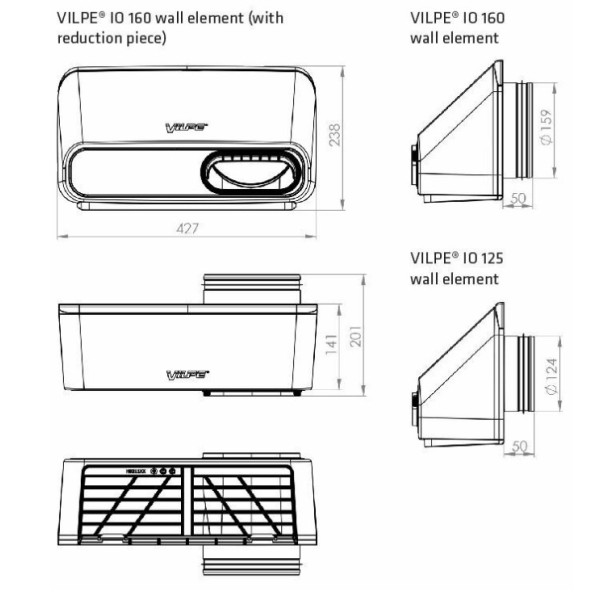 Стіновий припливно-витяжний елемент Vilpe IO 160 Червоний